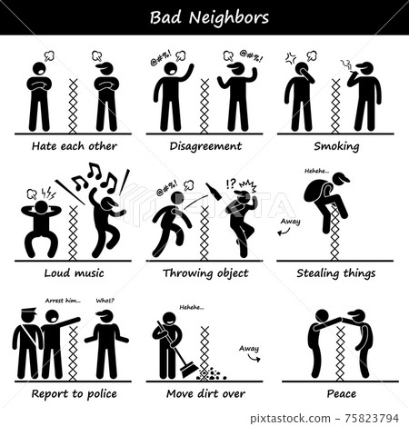 Bad Neighbors Stick Figure Pictogram Icons. A set of human pictogram representing unhappy neighbors quarrel and cursing each other.  75823794