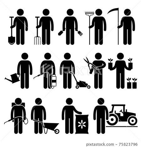 Gardener Man Worker using Gardening Tools and Equipments Stick Figure Pictogram Icons. Gardener Man Worker using Gardening Tools and Equipments Stick Figure Pictogram Icons. 75823796