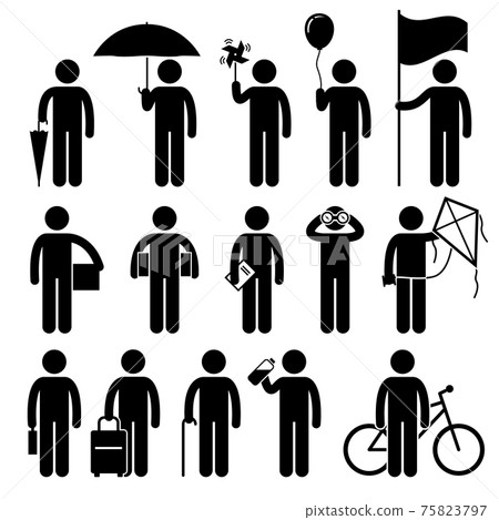Man with Random Objects Stick Figure Pictogram Icons. Man with Random Objects Stick Figure Pictogram Icons. 75823797