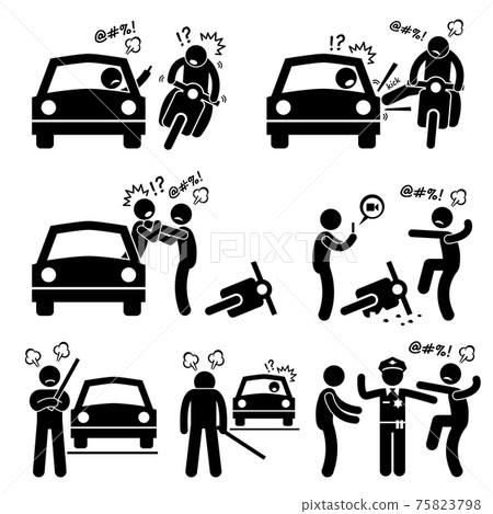 Road Bully Driver Rage Stick Figure Pictogram Icons. A set of human pictogram representing road bully having a scuffle with another driver. 75823798