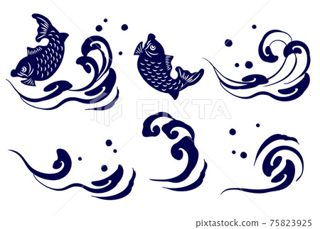 水墨畫風格海嘯和鯛矢量插圖素材集 水墨畫風格海嘯和鯛矢量插圖素材集 75823925