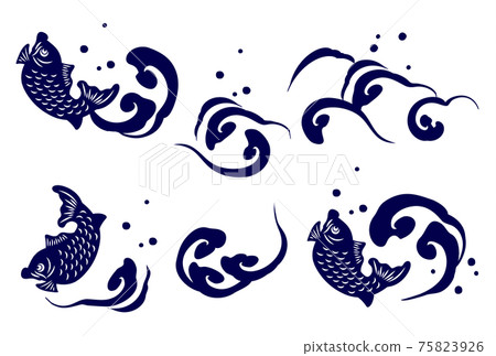 水墨畫風格海嘯和鯛矢量插圖素材集 水墨畫風格海嘯和鯛矢量插圖素材集 75823926