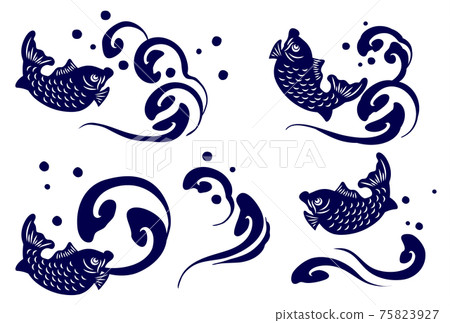 水墨畫風格海嘯和鯛矢量插圖素材集 水墨畫風格海嘯和鯛矢量插圖素材集 75823927