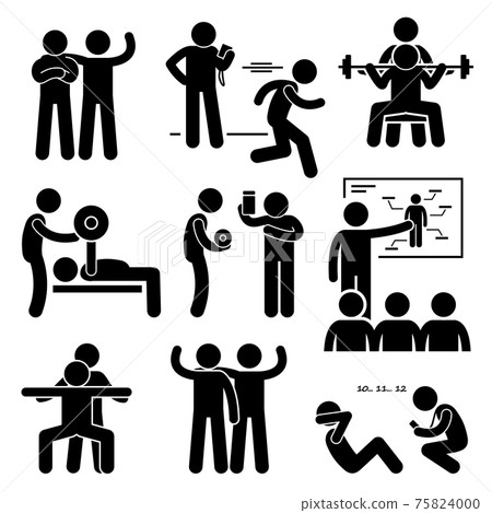 Personal Gym Coach Trainer Instructor Exercise Workout Stick Figure Pictogram Icons. A set of human pictogram representing exercising and workout with a personal coach trainer instructor. 75824000