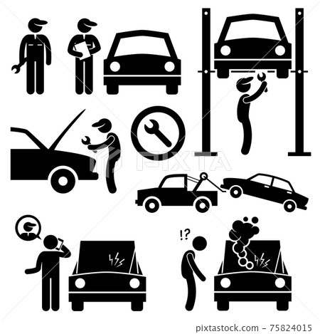 Car Repair Services Workshop Mechanic Stick Figure Pictogram Icons. Car Repair Services Workshop Mechanic Stick Figure Pictogram Icons. 75824015