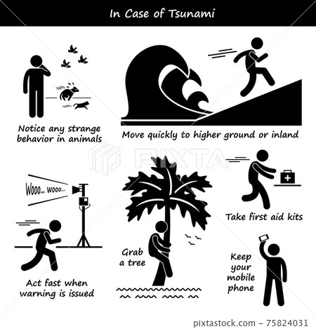 In Case of Tsunami Emergency Plan Stick Figure Pictogram Icons. A set of human pictogram representing tsunami emergency action plan and preparedness. 75824031