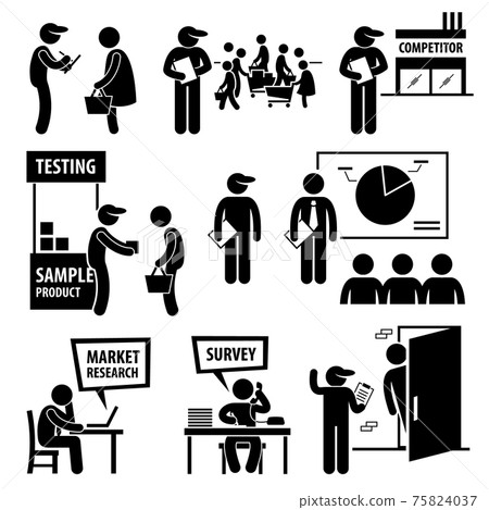 Business Market Survey Analysis Research Stick Figure Pictogram Icons. A set of human pictogram representing company staff doing surveys and market analysis on the public and competitors. 75824037