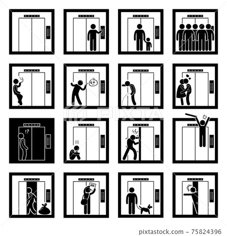 Things that People do inside Elevator Lift Stick Figure Pictogram Icons. Things that People do inside Elevator Lift Stick Figure Pictogram Icons. 75824396