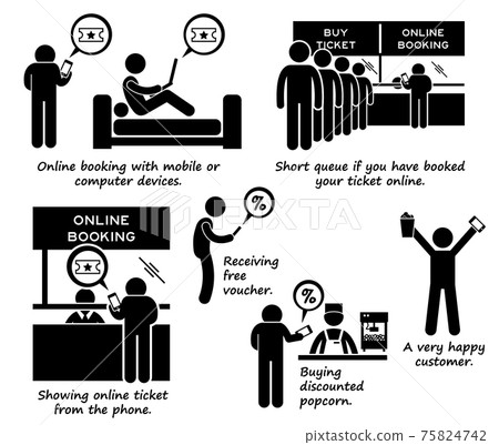 Internet Booking Online Ticket Process Step by Step Stick Figure Pictogram Icons. A set of human pictogram representing the step by step process of how to book an online ticket for a movie cinema. Internet Booking Online Ticket Process Step by Step Stick Figure Pictogram Icons. A set of human pictogram representing the step by step process of how to book an online ticket for a movie cinema. 75824742