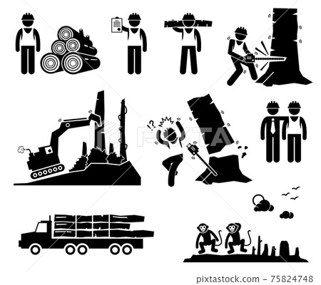 Timber Logging Worker Deforestation Stick Figure Pictogram Icons. Timber logging and deforestation by human worker. The process destroy natural habitat for animal such as monkey. 75824748