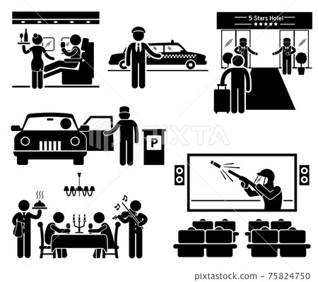 Luxury Services First Class Business VIP Stick Figure Pictogram Icons. Business class flight seat, limousine taxi, 5 stars hotel, parking attendance, expensive dining, and VIP seat in cinema. 75824750