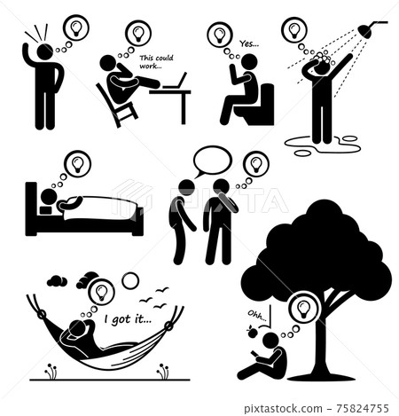 Man Thought of New Idea Stick Figure Pictogram Icons. A set of human pictogram representing a man getting and ignited a new idea in different places and situations. Man Thought of New Idea Stick Figure Pictogram Icons. A set of human pictogram representing a man getting and ignited a new idea in different places and situations. 75824755