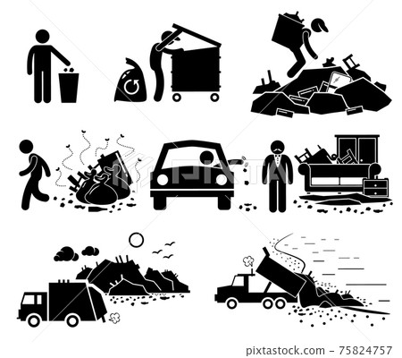 Rubbish Trash Garbage Waste Dump Site Stick Figure Pictogram Icons. Rubbish and trash thrown by irresponsible people. It also represent some good people trying to recycle the garbage from dump site. Rubbish Trash Garbage Waste Dump Site Stick Figure Pictogram Icons. Rubbish and trash thrown by irresponsible people. It also represent some good people trying to recycle the garbage from dump site. 75824757