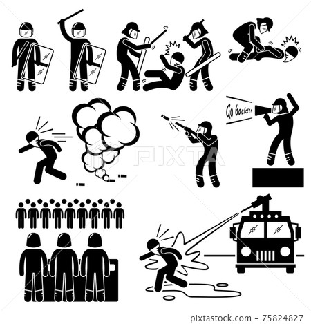 Riot Police Stick Figure Pictogram Icons. A set of human pictogram representing the ways of riot police controlling rioters. It includes beating, arrest, tear gas, and water cannon. Riot Police Stick Figure Pictogram Icons. A set of human pictogram representing the ways of riot police controlling rioters. It includes beating, arrest, tear gas, and water cannon. 75824827