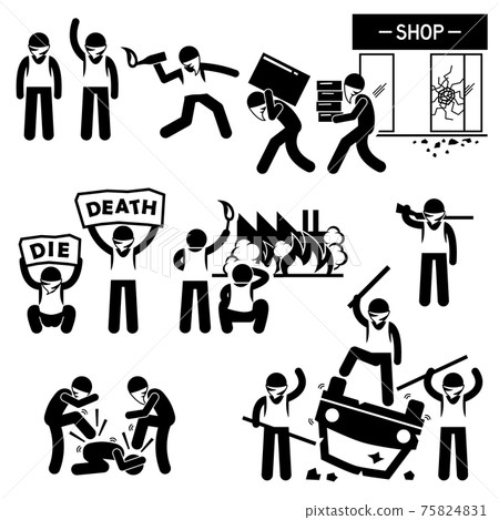 Riot Rebel Revolution Protesters Demonstration Stick Figure Pictogram Icons. A set of human pictogram representing rioters destroying the cities in a protest and demonstration against the government. Riot Rebel Revolution Protesters Demonstration Stick Figure Pictogram Icons. A set of human pictogram representing rioters destroying the cities in a protest and demonstration against the government. 75824831