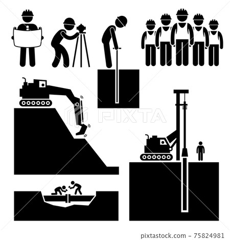 Construction Civil Engineering Earthworks Worker. Construction workers reading architecture plan, surveying, stabilizing slope with excavator, piling with rig, and fixing pipe. Construction Civil Engineering Earthworks Worker. Construction workers reading architecture plan, surveying, stabilizing slope with excavator, piling with rig, and fixing pipe. 75824981