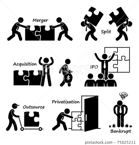 Corporate Company Business Concept Stick Figure Pictogram Icon Cliparts. Company merger, split, acquisitions. Initial Public Offering IPO, outsourcing, going private, and bankrupt. Corporate Company Business Concept Stick Figure Pictogram Icon Cliparts. Company merger, split, acquisitions. Initial Public Offering IPO, outsourcing, going private, and bankrupt. 75825211
