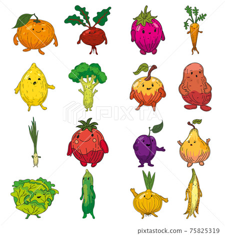 Vegetables set hand drawn scetch characters cartoon. Collection orange, beet root, strawberry, carrot, lemon, broccoli, apple, potato, tomato, leek, onion, plum, pear, cabbage, cucmber, onion, banana Vegetables set hand drawn scetch characters cartoon. Collection orange, beet root, strawberry, carrot, lemon, broccoli, apple, potato, tomato, leek, onion, plum, pear, cabbage, cucmber, onion, banana 75825319