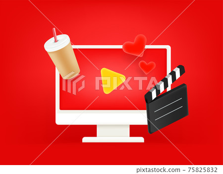 Video entertainment vector concept. Modern computer monitor with on red background 75825832
