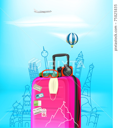 Summer travel concept with baggage, camera, protective mask. Summer 2021 Summer travel concept with baggage, camera, protective mask. Summer 2021 75825835