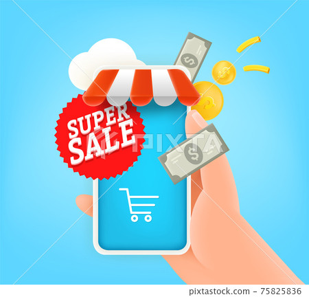 Super sale in online shop. Cute 3d style illustration Super sale in online shop. Cute 3d style illustration 75825836