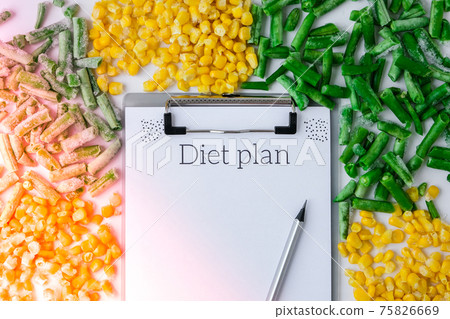 DIET plan. Frozen vegetables food of yellow corn, green beans. Harvest Food preservation for winter. Veganism, vegetarian healthy eating 75826669