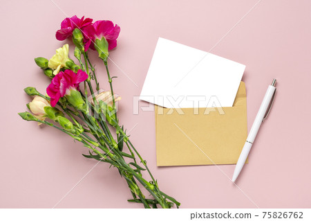 bouquet of pink carnation flower isolated on pink background Top view Flat lay Holiday card 8 March, Happy Valentine's day, Mother's, Memorial, Teacher's day concept Copy space 75826762