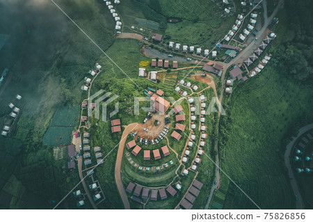 Aerial view of camping grounds and tents on Doi Mon Cham mountain in Mae Rim, Chiang Mai province 75826856