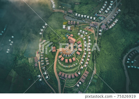 Aerial view of camping grounds and tents on Doi Mon Cham mountain in Mae Rim, Chiang Mai province 75826919