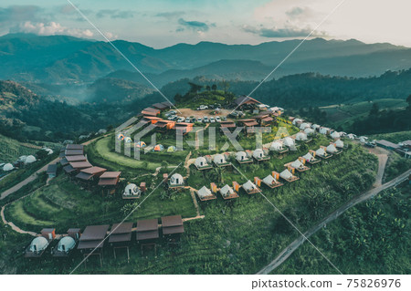 Aerial view of camping grounds and tents on Doi Mon Cham mountain in Mae Rim, Chiang Mai province 75826976