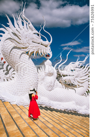 Wat Huay Pla Kang, white big buddha and dragons in Chiang Rai, Chiang Mai province, Thailand 75826991