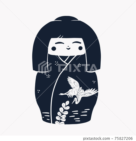 Japan wood dolls Kokeshi vector illustration linocut 75827206