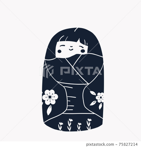 Japan wood dolls Kokeshi vector illustration linocut 75827214