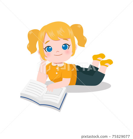 Cute girl lying on the floor to read a book. Flat vector cartoon design isolated on white 75829077