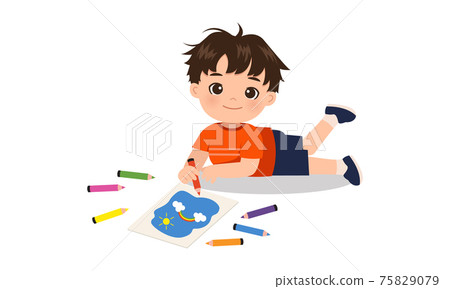 Cute boy drawing on the floor with pencil colors. Flat vector cartoon design isolated on white 75829079