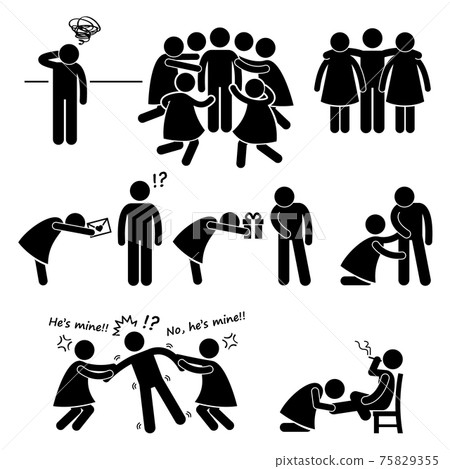 Popular Casanova Womanizer Stick Figure Pictogram Icon Cliparts. A set of human pictograms representing a popular womanizer situation. 75829355