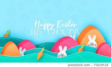 Happy easter day in paper art style with bunny and eggs vector illustration 75829516