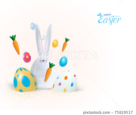 Happy Easter holiday background. Festive design with realistic 3d bunny and chicken decor elements. Spring flowers and eggs. Banner, web poster, flyer cover, stylish brochure, greeting card.Vector ill 75829517