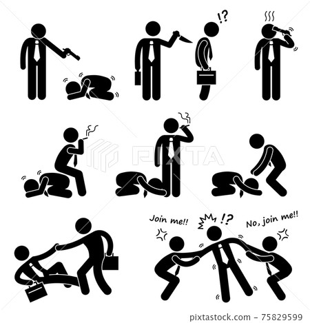 Business Bullying Backstab Competition Stick Figure Pictogram Icon. A set of human pictograms representing the concept of bullying, competition, betraying, and struggle in business world. 75829599