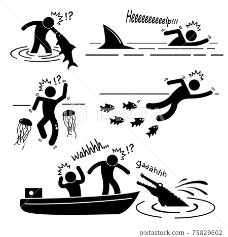 Water Sea River Fish Animal Attacking Hurting Human Stick Figure Pictogram Icon.  75829602