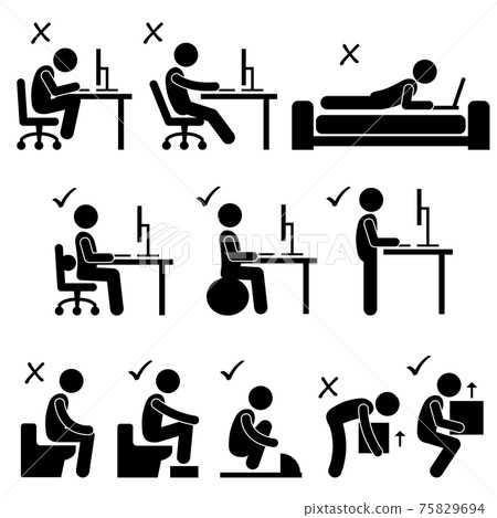 Good and Bad Human Body Posture Stick Figure Pictogram Icon.Human pictogram representing the good and bad posture while sitting in front of a computer, motion bowel at toilet, and lifting a box. Good and Bad Human Body Posture Stick Figure Pictogram Icon.Human pictogram representing the good and bad posture while sitting in front of a computer, motion bowel at toilet, and lifting a box. 75829694