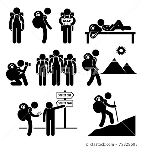 Backpack Traveler Explorer Stick Figure Pictogram Icon. A set of human pictogram representing the activity of a backpacker travelling. Backpack Traveler Explorer Stick Figure Pictogram Icon. A set of human pictogram representing the activity of a backpacker travelling. 75829695
