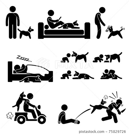 Man and Dog Relationship Pet Stick Figure Pictogram Icon. A set of human pictogram representing the deep relationship between a man and his dog. Man and Dog Relationship Pet Stick Figure Pictogram Icon. A set of human pictogram representing the deep relationship between a man and his dog. 75829726