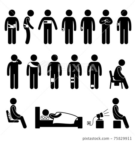 Human Body Support Equipment Tools Injury Pain Stick Figure Pictogram Icon. A set of pictograms representing supporting equipment for human body due to injury and pain. 75829911