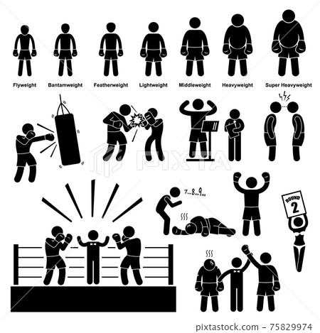 Boxing Boxer Stick Figure Pictogram Icon. A set of pictogram representing the activities of a boxer. 75829974