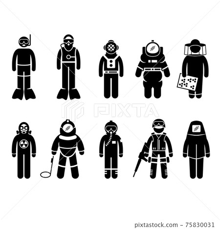 Scuba Diving Dive Deep Sea Spacesuit Biohazard Beekeeper Nuclear Bomb Airforce SWAT Volcano Protective Suit Gear Uniform Wear Stick Figure Pictogram Icon.  75830031