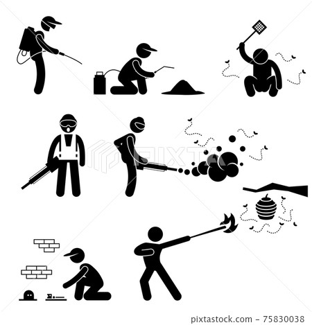 Exterminator Pest Control Stick Figure Pictogram Icon. A set of pictogram representing pest exterminator. 75830038
