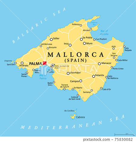 Mallorca political map, with capital Palma and important towns. Majorca, largest Island of the autonomous community of the Balearic Islands, and part of Spain, located in the Mediterranean Sea. Vector Mallorca political map, with capital Palma and important towns. Majorca, largest Island of the autonomous community of the Balearic Islands, and part of Spain, located in the Mediterranean Sea. Vector 75830082