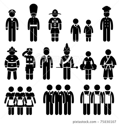 Uniform Outfit Clothing Wear Captain Scout Guard Student Chef Fireman Soldier Army Sailor Trainee Employee Worker Staff Stick Figure Pictogram Icon.  75830107