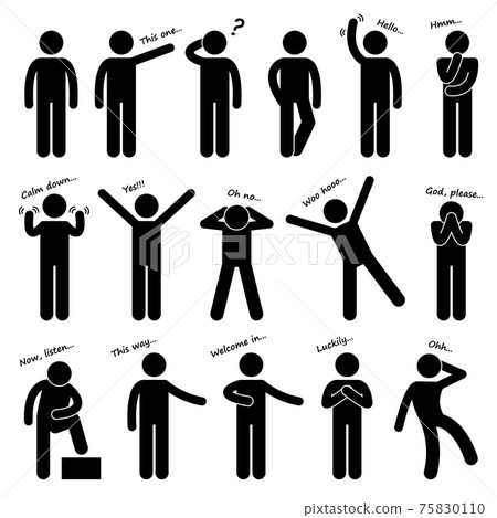 Man Person Basic Body Language Posture Stick Figure Pictogram Icon. A set of stick figure pictograms representing man basic posture and gesture. 75830110